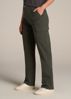 About Our Straight Leg Cargo Chino Pants for Tall Women The style and utility of a cargo pant meets an extra-long inseam on these chinos for tall women. Designed specifically for ladies from 5’9 to 6’6, they have a high rise and a straight leg that creates a modern, flattering fit. These women’s tall pants are made with stretch-infused cotton that’s been pre-washed and shrinkage controlled to make sure the silhouette stays perfect. Store everything you need for a day on the go with plenty of poc Workwear Full-length Cargo Pants With Side Pockets, Full-length Cotton Cargo Jeans For Work, High-waisted Cotton Cargo Work Pants, Full Length Cotton Cargo Jeans For Work, Cotton Full-length Cargo Pants For Work, Relaxed Fit Straight Cargo Pants, High-waisted Wide Leg Pants With Multiple Pockets For Work, Workwear Straight Parachute Pants With Flap Pockets, Workwear Parachute Pants With Flap Pockets