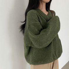 Vintage Solid Color V-Neck Oversized Sweater Loose Style, Vintage Casual, Green Sweater, Fabric Names, Oversized Sweater, Gray Green, Dream Dress, Sleeve Type, Blue Light