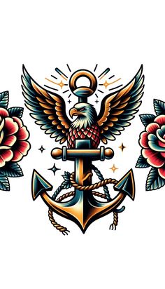 an anchor with an eagle and roses on it