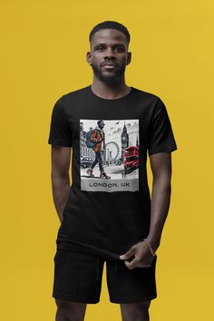 Embrace your wanderlust with our  London England Black Man Shirt, designed for the stylish Black Man / Traveller / Explorer. This London Afro-Mod Graphic Shirt, Crewneck Sweatshirt and / or Hoodie are perfect for any adventure. Celebrate Black travel with apparel made by a Black-owned business.   ** Please scroll past these directions to get detailed information on the different product types.   To see more from our Travel / Places section, please click here: https://www.etsy.com/shop/BIPOCAdven Black Graphic T-shirt For Urban Adventures, Black Crew Neck T-shirt For Urban Adventures, Cotton Crew Neck T-shirt For Travel, Black Graphic Print T-shirt For Adventure, Black T-shirt With Screen Print For Adventure, Black Screen Print T-shirt For Adventure, Black Graphic Tee For Adventure, Black Crew Neck T-shirt For Travel, Black Cotton T-shirt For Adventure