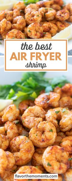 the best air fryer shrimp recipe on a plate with lemon wedges and parsley