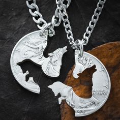 This Wolf and Fox necklace set is hand cut and fits together perfectly just like puzzle pieces. It has been made from the same one coin and comes with two high quality stainless steel chains or key chains. This piece will be done on a silver half dollar and each half will come with a 20 inch stainless steel chain. We make these by hand when you order it. If you would like a longer (24 inch) chain, let us know so we can make it perfect for you. Fox And Wolf, Best Friends Jewelry, Forever Necklace, Fox Necklace, Friends Jewelry, Bff Jewelry, Foxes Necklace, Wolf Necklace, Wolf Jewelry