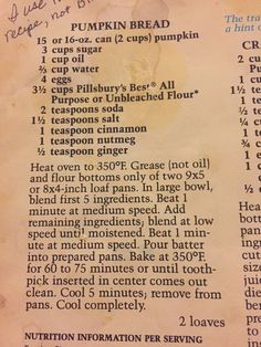 an old recipe for pumpkin bread with instructions