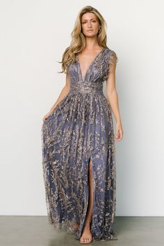 Arlene Shimmer Gown | Blue + Gold - Baltic Born Blue And Rose Gold Wedding Mother Bride Dress, Shimmer Bridesmaid Dress, Gown Blue, Embellished Maxi Dress, Baltic Born, Shimmer Dress, Velvet Maxi Dress, Mob Dresses, Cotton Linen Dresses