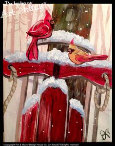 a painting of two cardinal birds on a red fence with snow falling down the sides