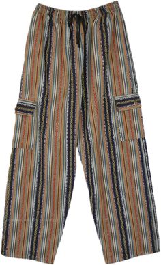 Unique thick cotton fabric unisex striped trousers with beautiful black and beige stripes interlocked with multicolor detail. These pants look different and noticeable. #tlb #SplitSkirtsPants #XLPlus #Tall #Fall #Striped #bohemianfashion #Handmade #bohogiftsformen #bohogift Striped Long Pants With Pockets, Striped Cotton Bottoms, Casual Striped Cotton Harem Pants, Bohemian Striped Cotton Pants, Multicolor Cotton Bottoms With Side Pockets, Tie Dye Long Skirt, Future Clothing, Swag Fits, Crazy Fashion