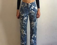 80s Kenzo Jeans Blue Flowers Boho Hippy Festival Denim Jeans - Etsy Blue Floral Print Wide Leg Jeans, Vintage Printed Bottoms For Spring, Vintage Cotton Pants With Floral Print, Floral Print Wide Leg Relaxed Fit Jeans, Floral Print Wide Leg Jeans With Relaxed Fit, Relaxed Fit Wide Leg Jeans With Floral Print, Relaxed Fit Wide Leg Floral Print Jeans, Trendy Floral Print Cotton Jeans, High-waist Denim Bottoms With Floral Print