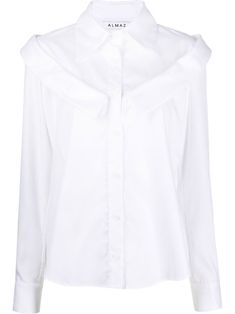 double-collar long-sleeve shirt from ALMAZ featuring optical white, cotton, oversized pointed collar, contrasting collar, front button fastening, long sleeves, buttoned cuffs and curved hem. White Collared Shirt, Double Collar, Contrast Collar, White Shirts, Shirt White, Collar Shirts, White Cotton