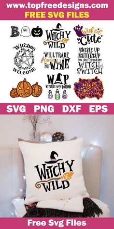 two pillows with different designs on them and the words witch's webp written in black