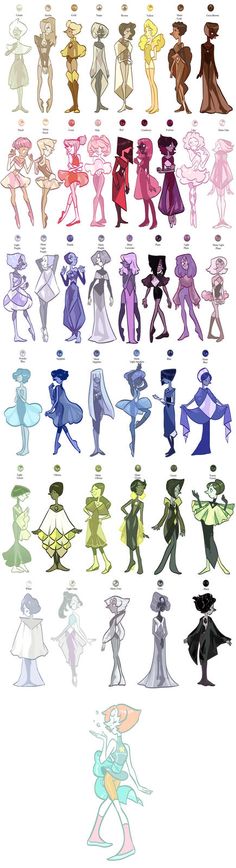 the silhouettes of people in hats and dresses are arranged on a white background with different colors