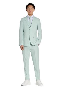 Crisp and smart, this pastel two-piece suit includes flat-front pants, a clip-on tie and traditional detailing to keep your child dapper at any occasion. All three pieces are machine-washable and look ready to wear right out of the dryer. Jacket has notched lapels; three-button cuffs; chest pocket; flap pockets; interior pocket; side vents Trousers have zip fly with hook-and-bar closure; slant pockets; back pockets Jacket is lined Unhemmed 100% polyester Machine wash, tumble dry Imported Spring Formal Fitted Three-piece Suit, Classic Three-piece Suit With Suit Collar For Spring, Spring Tuxedo Suit For Semi-formal Occasions, Semi-formal Tuxedo Suit For Spring, Semi-formal Spring Tuxedo Suit, Spring Business Three-piece Suit With Suit Collar, Tailored Spring Semi-formal Tuxedo, Classic Summer Sets With Notch Lapel, Spring Fitted Tuxedo For Formal Occasions