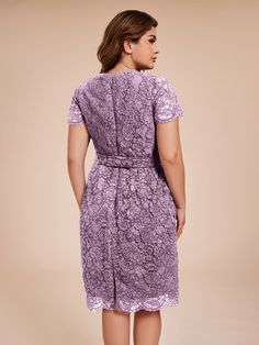 This Sheath Short Sleeves Knee Length Lace Mother of the Bride Dress boasts a delicate lace design and elegant crystal belt for a stunning, sophisticated look. With a comfortable sheath fit and flattering knee length, this dress is perfect for weddings and other special occasions.    Attention!     The sleeves are see-through and unlined. (Refer to the picture below) Elegant Purple Mother Of The Bride Dress, Elegant Lavender Lace Dress, Fitted Lace Belted Dress, Fitted Lace Dress With Belt, Feminine Lavender Lace Dress, Belted Fitted Lace Dress, Elegant Lavender Dress With Lace Trim, Formal Lace Belted Dress, Elegant Purple Lace Dress