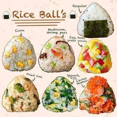 an illustration of rice balls with different types of vegetables and meats on them, labeled in the following words