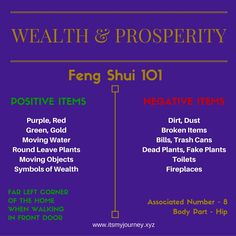 a purple poster with the words,'health & prosperity feng shu 101 positive tips '