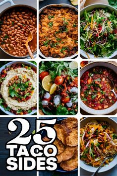 the cover of 25 taco sides is shown with pictures of different foods and vegetables