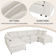 an image of a white sectional couch and ottoman with text that says, soft fabric perfect blend comfort and durability