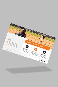 an orange and white brochure with two people playing tennis on the same team