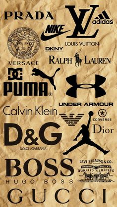 a bunch of different types of logos on a piece of parchment paper with the words prada, nike, louis vuitton, puma, calvin kleenn, and d & more