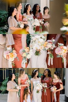 the bridesmaids are all dressed in different dresses and bouquets for their wedding