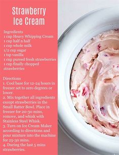 strawberry ice cream in a white bowl on a pink and white tablecloth with instructions