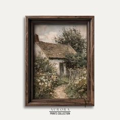 an old painting with flowers and a house in the background, framed on a wall