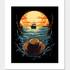 a boat sailing in the ocean at sunset with a hat on it's head