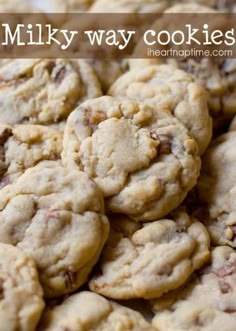 a pile of cookies sitting on top of a white plate with the words milky way cookies