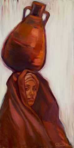 an oil painting of a woman with a large jug on her head and scarf draped around her neck