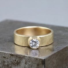 14k Yellow Gold Ring with White Sapphire - Textured Hammered Modern Relic Artifact Ring - Diamond Al Elegant Hammered Thick Band Rings, Unique Hammered Gold Wide Band Ring, Yellow Gold Thick Band Ring In Recycled Gold, Modern Hammered Yellow Gold Rings, 14k Gold Hammered Thick Band Ring, Diamond Alternative Engagement Ring, Ancient Civilization, Alternative Engagement Ring, Metalsmithing Jewelry