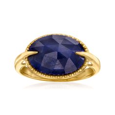 Ross-Simons - 7.00 Carat Sapphire Ring in 18kt Gold Over Sterling. Size 8. Try sporting your gemstones in a new fashion with this contemporary ring! The deep blueberry-hued 7.00 carat oval sapphire is showcased inside a beaded 18kt yellow gold over sterling silver setting, creating a sleek east-west design. 3/8" wide. Sapphire ring. Sapphire birthstones are the perfect gift for September birthdays. Jewelry Presentation, Diamond Anklet, Italian Gold Jewelry, Mixed Metal Bracelets, Mixed Metal Rings, Sapphire Birthstone, Pearl Strands Necklace, Diamond Tennis Necklace, Mixed Metal Earrings