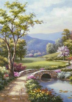 a painting of a bridge over a stream in the middle of a field with flowers and trees