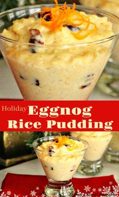 eggnog rice pudding in a glass dish with orange garnish