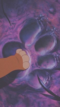 an animated image of a hand reaching for something in the space with purple and blue hues