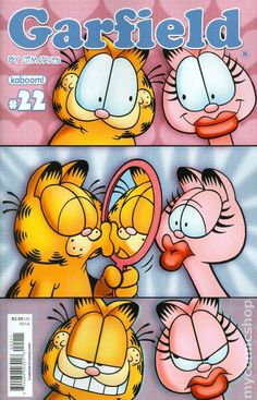 garfield the cat and his friends are talking to each other in front of a mirror