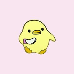 a yellow bird with a toothbrush in it's mouth on a pink background