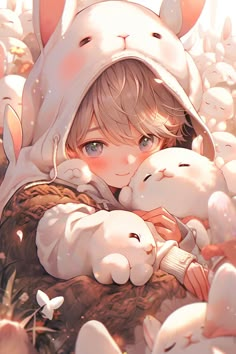 an anime character is hugging her baby in the middle of a group of stuffed animals