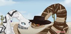 an animated image of a snake and a man in a cowboy hat, standing next to each other