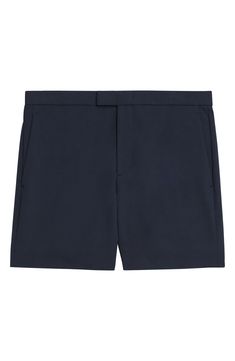 Cut from stretch-enhanced fabric, these shorts made with soft viscose feature a flat front and chino styling that keeps you looking smart at any occasion. 6" inseam; 23" leg opening; 10 3/4" front rise; 15 1/2" back rise Front slant pockets; back welt pockets 64% viscose, 30% nylon, 6% elastane Machine wash, dry flat Imported Classic Bermuda Shorts With Built-in Shorts, Fitted Knee-length Shorts For Business Casual, Classic Pants With Built-in Shorts, Classic Fitted Bermuda Shorts With Welt Pockets, Tailored Classic Shorts For Business Casual, Fitted Bermuda Shorts With Welt Pockets For Summer, Classic Fitted Bermuda Shorts, Summer Business Casual Elastane Bottoms, Classic Tailored Shorts For Business Casual