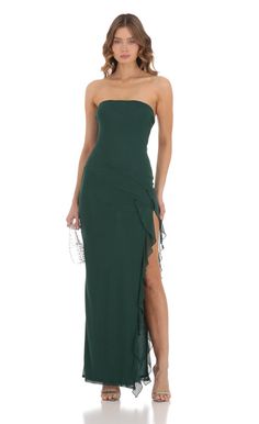 Mesh Ruffle Slit Dress in Green | LUCY IN THE SKY Green Wedding Guest Dresses, Prom Dress Inspo, Long Green Dress, Dark Green Dress, Lucy In The Sky, Prom Dress Inspiration, Cute Prom Dresses, Green Prom Dress, Grad Dresses