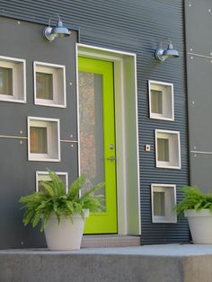 two potted plants sitting on the side of a building next to a green door