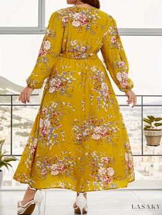 Lasaky - Floral Print Lantern Sleeve Surplice Neck Plus Size Casual Dress: Womens Elegant Maxi Dress with Belt and Slight Stretch Casual Yellow Chiffon Maxi Dress, Yellow Floral Print Non-stretch Dress, Casual Yellow Long Sleeve Maxi Dress, Long Sleeve Chiffon Floral Dress, Yellow Non-stretch Long Sleeve Dress, Yellow Chiffon Long Sleeve Dress, Yellow Flowy Long Sleeve Maxi Dress, Long Sleeve Printed Yellow Midi Dress, Yellow Printed Long Sleeve Midi Dress