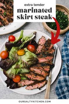 steak, lettuce and tomatoes on a plate with the words extra tender marinated skirt steak