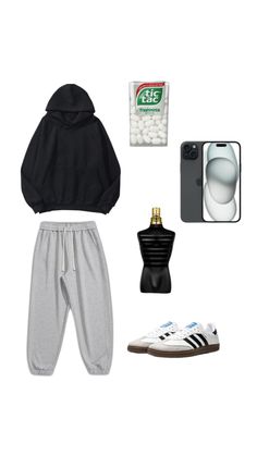 a black hoodie, grey sweatpants, white sneakers, and an iphone case