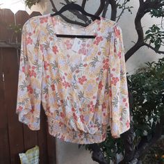 Lush Summer Floral Wrap Top In Size Size Medium 100% Rayon Soft Material (New) Yellow Printed Top For Brunch, Printed Yellow Tops For Brunch, Womens Onesie, Emerald Green Blouse, Floral Wrap Top, Light Blue Blouse, Ruffle Long Sleeve Blouse, Cream Yellow, Ruffle Long Sleeve