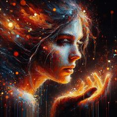 a painting of a woman's face and hands with bright lights in the background