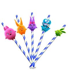 five different colored candy sticks with cartoon characters on them, one is blue and the other is pink