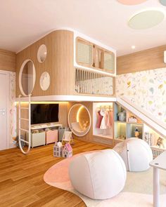 a child's room with lots of furniture and decor on the walls, including a loft bed