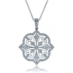 1234 18k White Gold Pendant   Diamonds - .42 ctw   Clarity: VS2-SI1 - Color: G-H. This exquisite pendant features elegant filigree within an ornate frame, accented with round diamonds and milgrain beading. There are many ways to modify a design like this to make it better reflect your personal style, and our team is ready to work with you to make your vision a reality. Design Your Own Jewelry      Pendant Design and Filigree      The outline of this pendant features a generally square shape with Exquisite Diamond Necklace With Intricate Design, Diamond Pendant Necklace With Intricate Design, Elegant Diamond Necklace With Intricate Pendant Design, Diamond Filigree Necklace In Fine Jewelry Style, Luxury Diamond Filigree Necklace, Luxury Diamond Filigree Necklaces, Diamond Filigree Pendant Jewelry, Filigree Diamond Pendant Jewelry, Exquisite Diamond Filigree Necklace