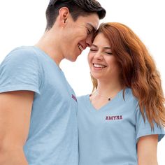 Cute couple matching shirts that can be customized with any short text on the front and back. Use for Valentine's Day, Honeymoon, Date Night, Anniversary and more. Choose from text such as True Love, Better Together, Forever Always and In Love Since, or send in one of your own. These couples jerseys makes great couple gifts as well.This design is available as a Crewneck Tee, Long Sleeve T-Shirt, Hoodie, Sweatshirt or Crop Top.In order to provide quick turnaround, we source from four different to Casual Personalized Short Sleeve Shirt, Personalized Casual Short Sleeve Tops, Casual Personalized Short Sleeve Tops, Blue Short Sleeve T-shirt With Custom Text, Personalized Blue Short Sleeve Tops, Personalized Blue Cotton Tops, Casual Personalized Blue T-shirt, Custom Text Blue Short Sleeve T-shirt, Cute Couple Matching