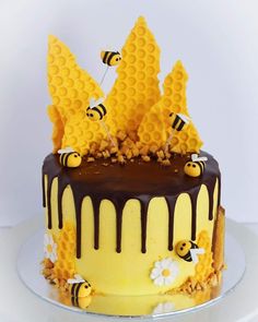 a cake decorated with honeycombs and bees